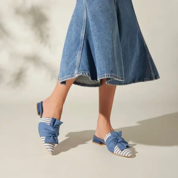 Vivaia Blue Denim White Pointed-Toe Knot Sandals Heel Mules (Yaffa Pro) Size 11 - Picture 9 of 10